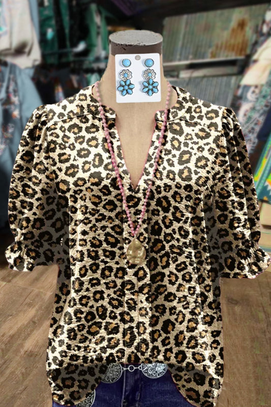 Leopard Print V-Neck Puff Sleeve Top