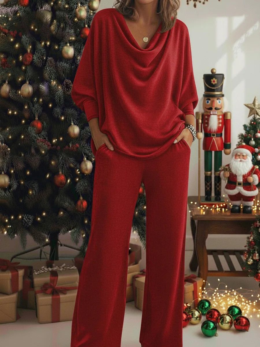 Christmas Cozy Velvet Cowl Collar Top And Pants Two-piece Set