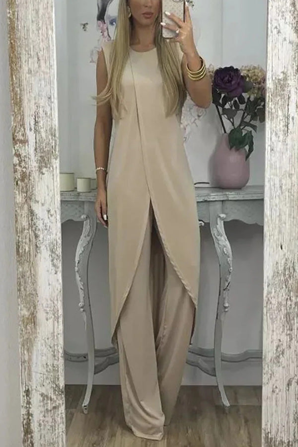 Casual Sleeveless Slit Top Loose Two-piece Set