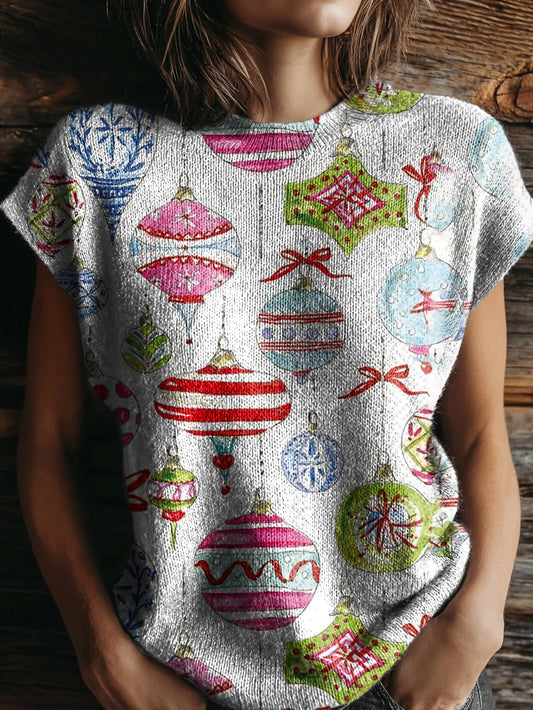 Women's Christmas Colorful Light Pattern Artistic Print Round Neck Casual Short Sleeve Knitted Sweater