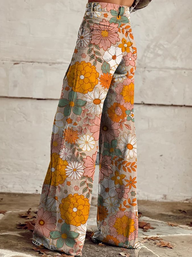 Women's Vintage Botanical Floral Wide Leg Pants