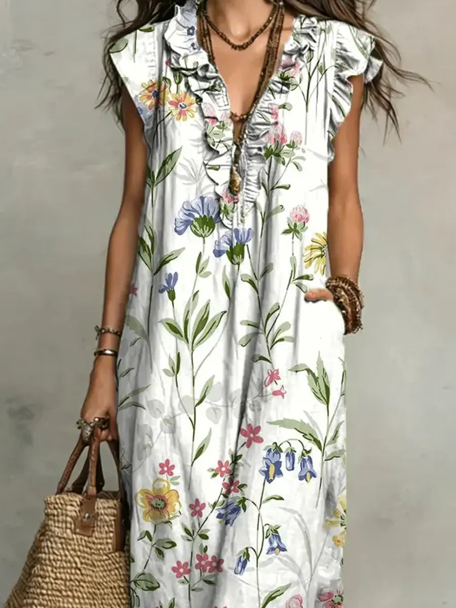 Women's Floral Pattern Art Print Casual Ruffled Stylish Cotton Linen Dress