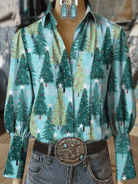 Women's Western Vintage Christmas Evergreen Tree Print Long Sleeve Shirt