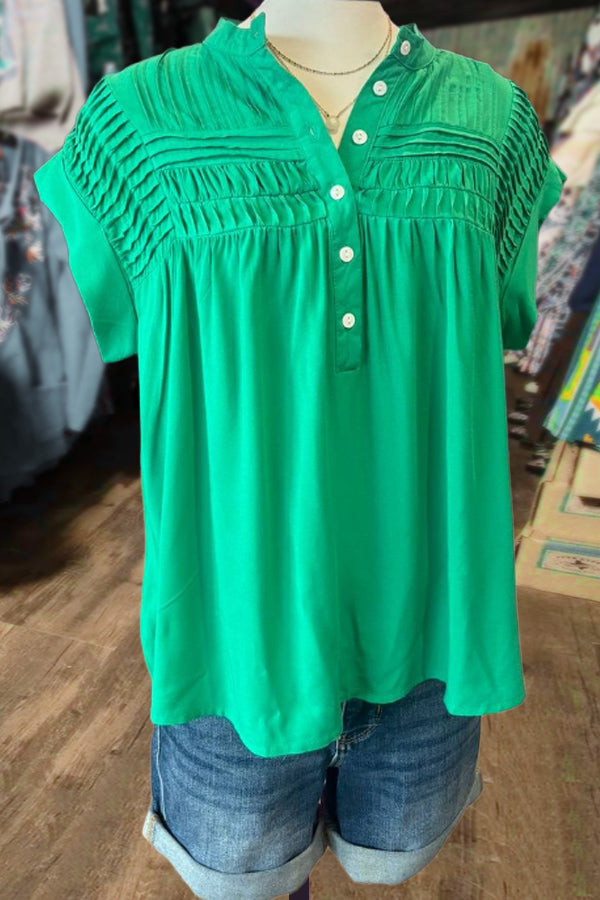 Solid Pleated Button Down Cap Sleeve Top