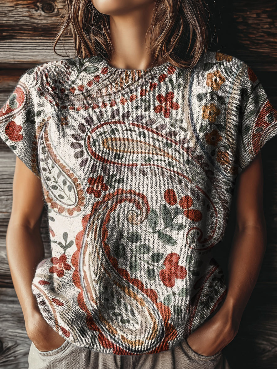 Women's Retro Paisley Floral Art Print Casual Crew Neck Short Sleeve Knitted Sweater