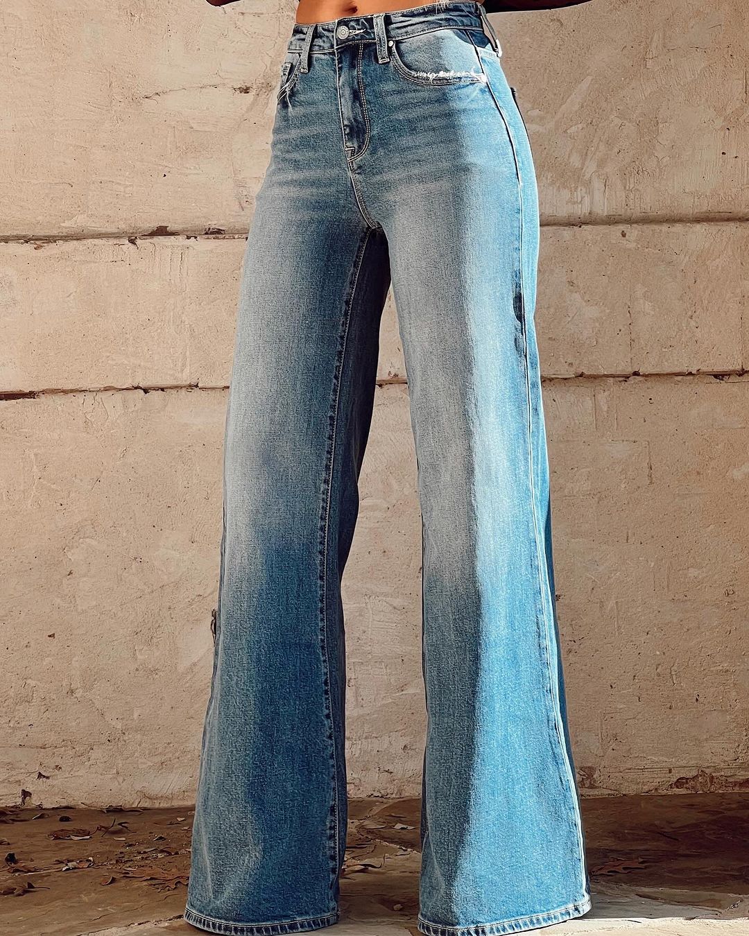 Women's Washed Blue High-waisted Casual Wide Leg Pants