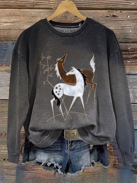 Horse Art Print Casual Cotton Sweatshirt