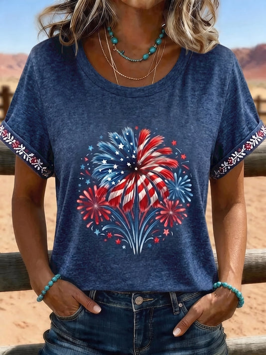 Women's Vintage Patriotic Fireworks Print Round Neck Cotton T-Shirt