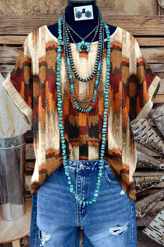 Retro Tribal Print Crew Neck Top