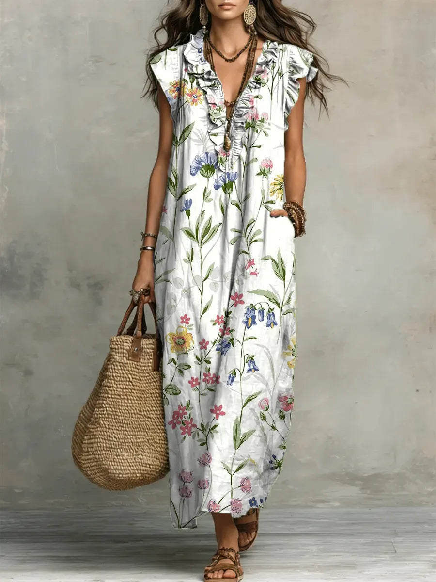 Women's Floral Pattern Art Print Casual Ruffled Stylish Cotton Linen Dress