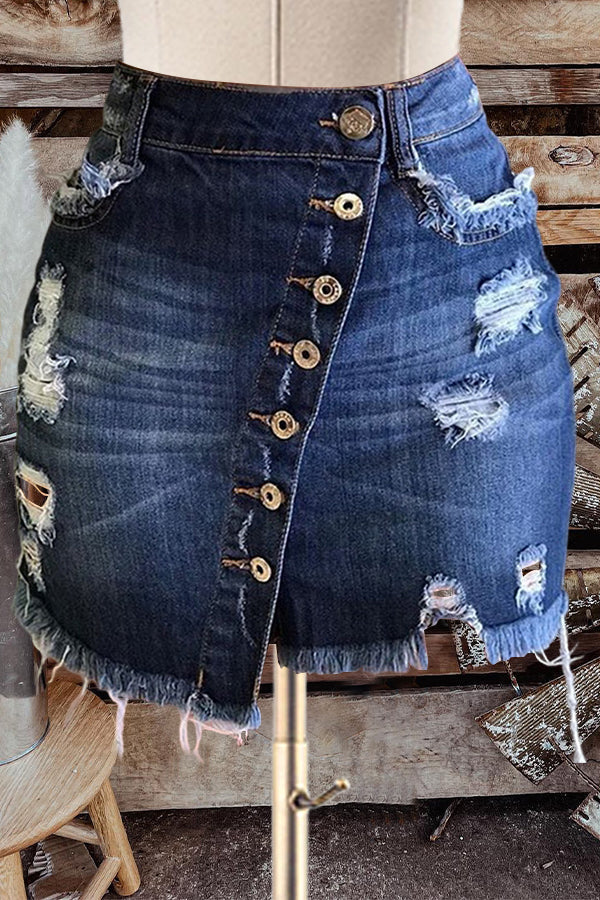 Sexy Ripped Button Hip-hugging Denim Skirt