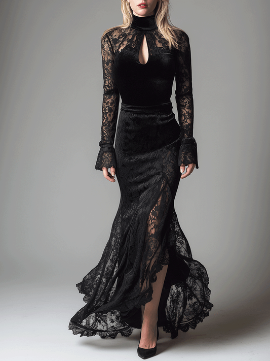 Elegant Lace-Sleeved Velvet Evening Maxi Dress
