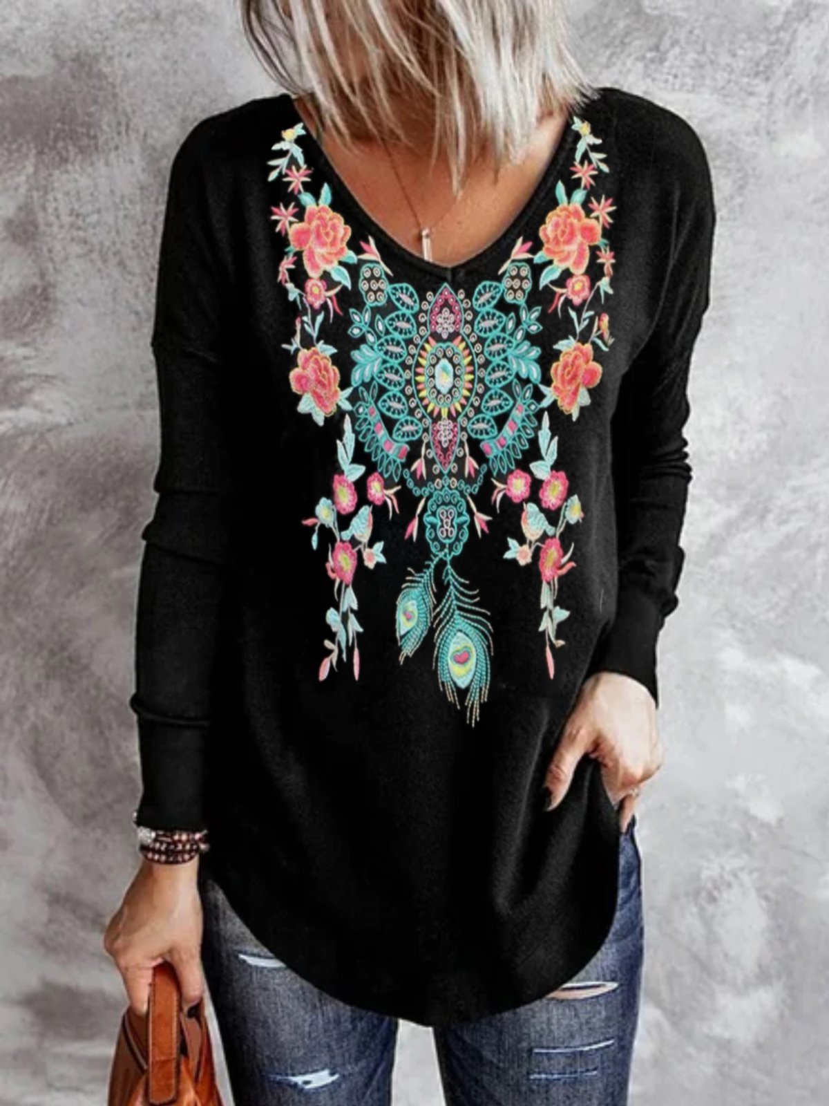 Casual Long Sleeve V Neck Plus Size Printed Tops T-shirts