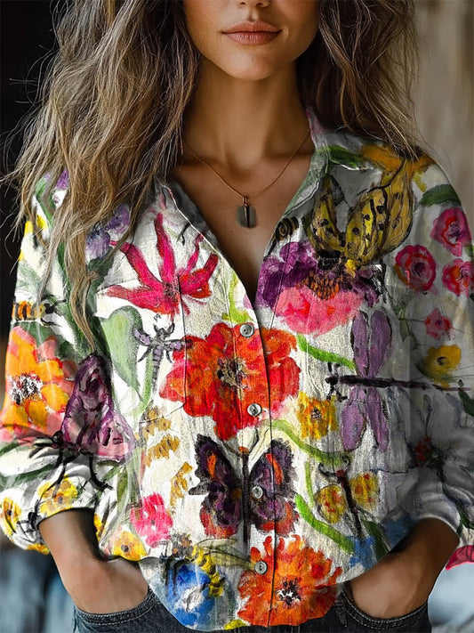 Women's Colorful Flowers Print Casual Long Sleeve Comfortable Cotton Shirt