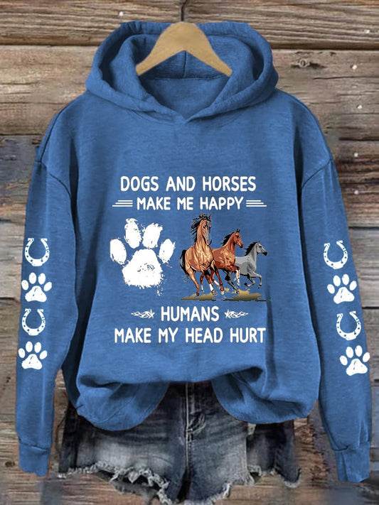 🐴Women's Horses & Dogs Make Me Happy Humans Make My Head Hurt Dog Lovers Printed Casual Hoodie