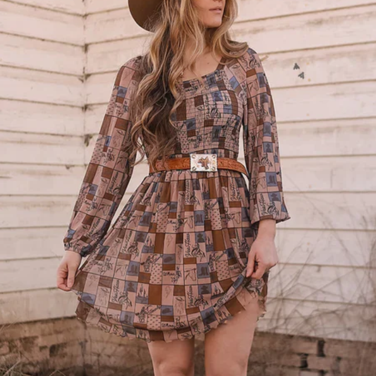 Ladies Vintage Western Cowgirl Ethnic Style Print Dress