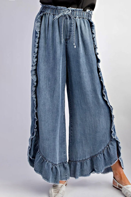 Boho Ruffle Detailed Raw Hem Denim Pants