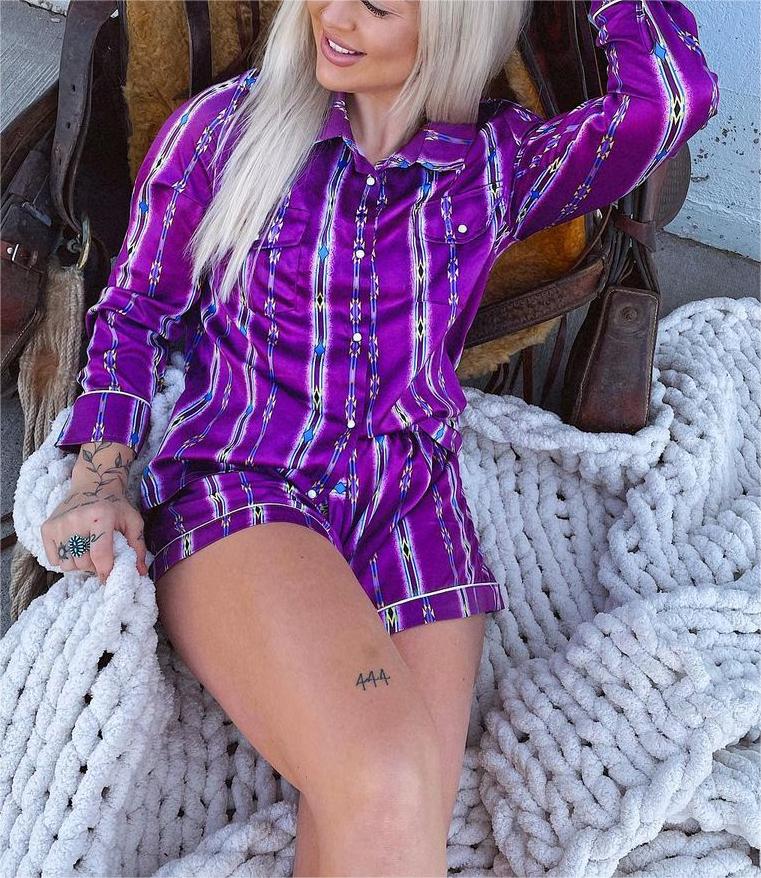 Casual Purple Stripes Print Pajama Set