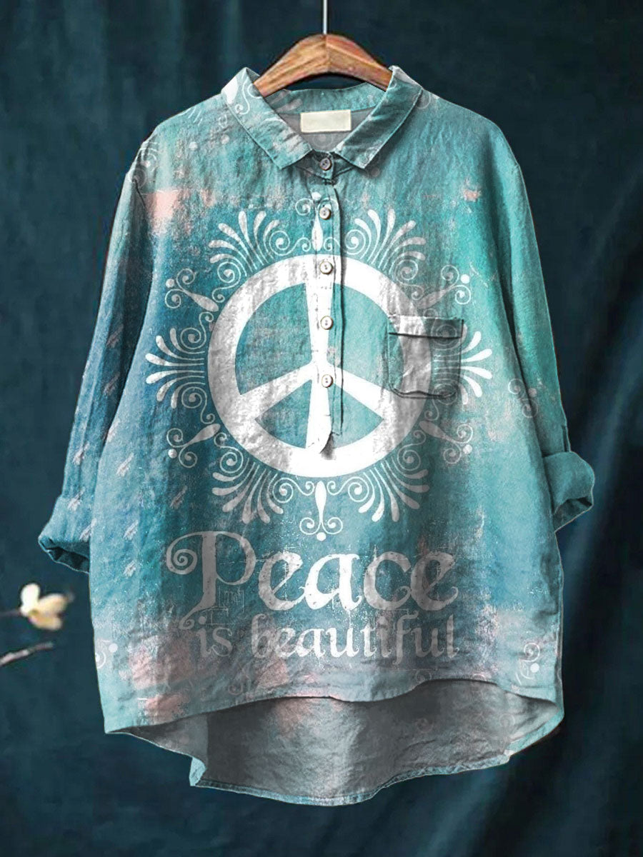 Women's  Peace Hippie Print Casual Cotton And Linen Shirt