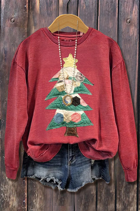 Quilted Christmas Tree Long Sleeve Sweatshirt