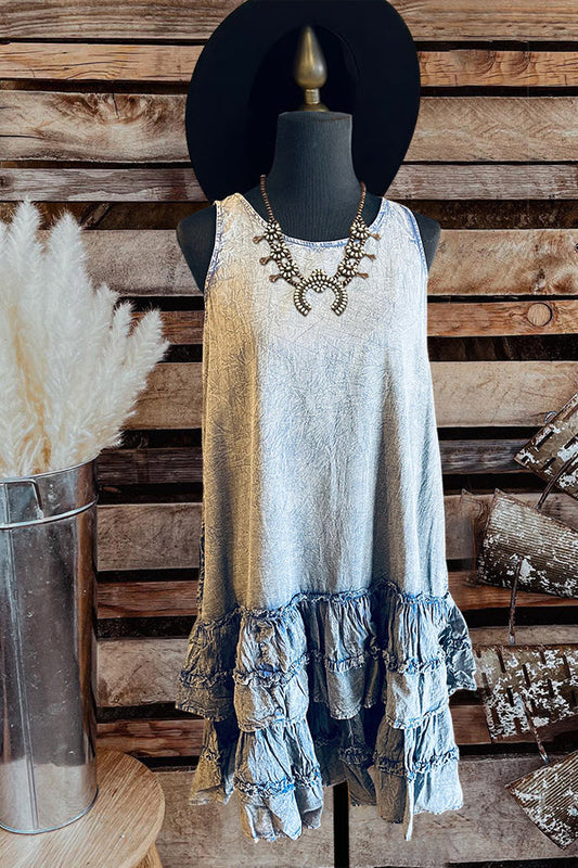 Ruffled Hem Strappy Denim Dress