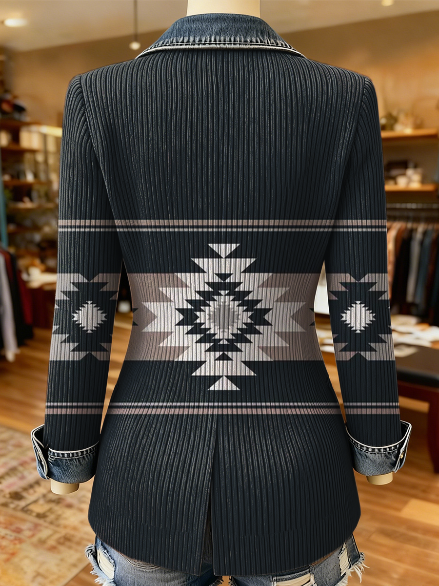 Vintage Aztec Art Print Patchwork Denim Sweater Cardigan Coat