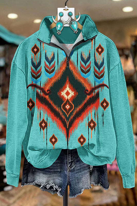 Western Turquoise Feather Aztec Zipper Sweatshirt