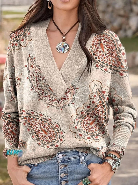 Vintage Western Boho Wild West Art Print Knit V-neck Pullover Sweater