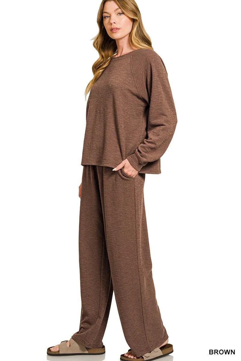 Zenana Slub Long Sleeve Top and Pants Lounge Set