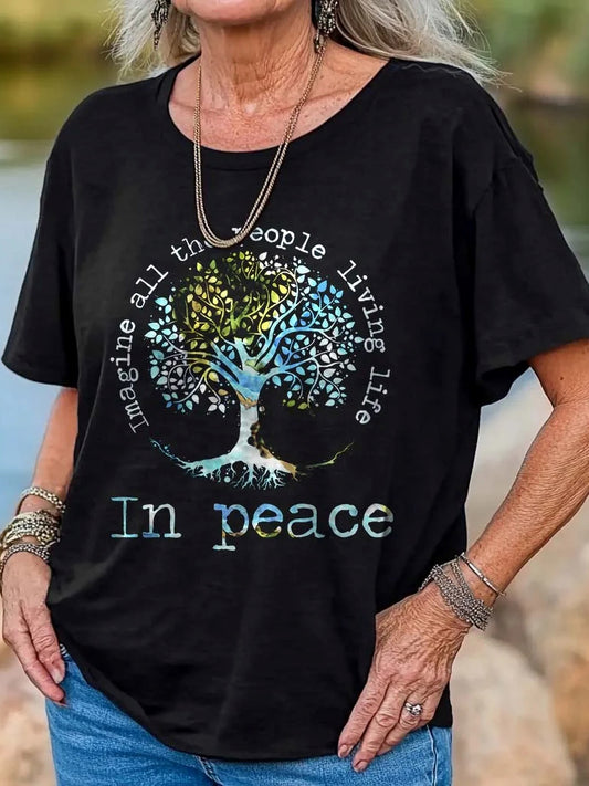 Imagine All The People Living Life In Peace Print Crew Neck T-shirt