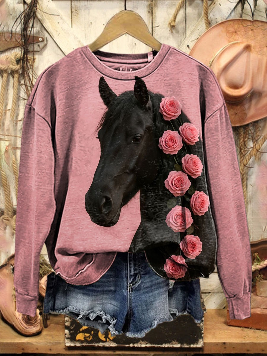 Women's Vintage Art Horse Print Casual  Cotton And Linen Shirt
