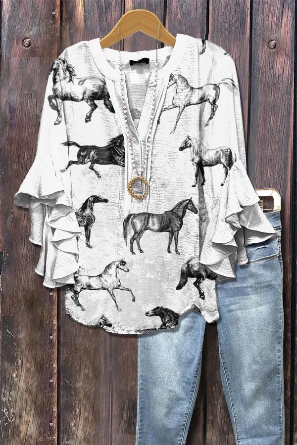 Vintage Western Horse Print Ruffle Sleeve Top