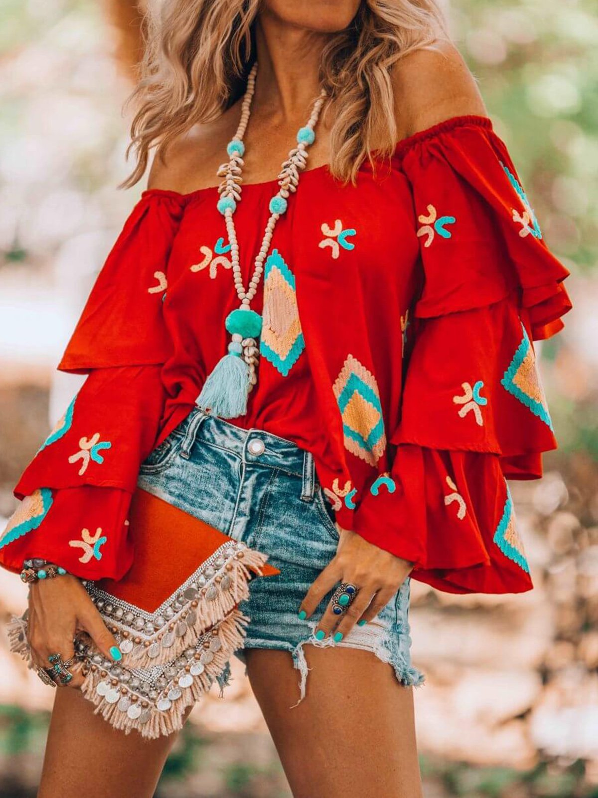 Red Floral-Print Off Shoulder Long Sleeve Shirts & Tops