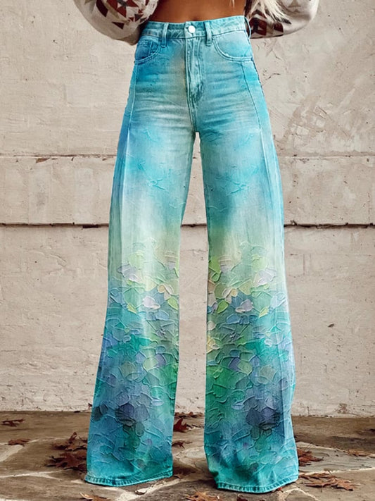 Women's Vintage Oil Painting Floral Wide Leg Pants