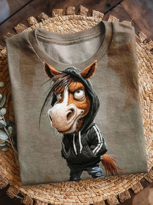 Funny Horse Print Short Sleeve T-Shirt