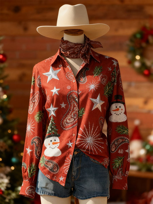 Women's Retro Casual Chirstmas Western Slim Waist Long Sleeve Shirt