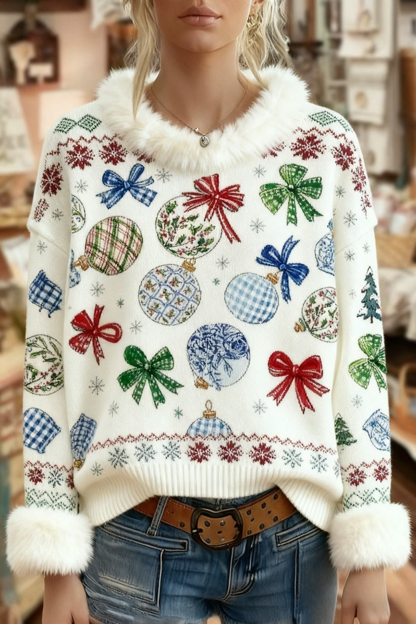 Christmas Ornaments Print Faux Fur Collar Sweatshirt