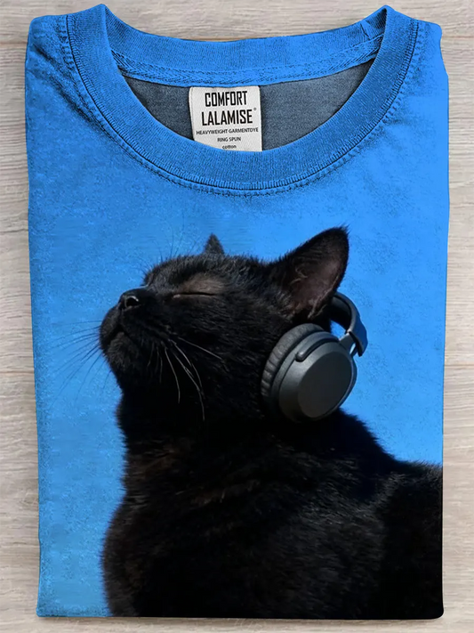 Music Black Cat Art Fun Print Casual Pure Cotton Short Sleeved T-shirt