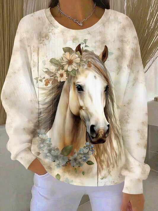 Vintage Horse Art Print Crew Neck Sweatshirt