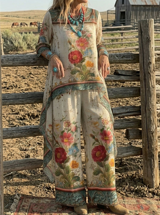 Vintage Floral Print Casual Suit