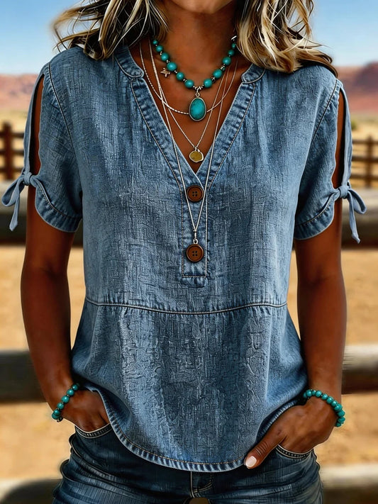 Women's Vintage Floral Print Casual Hollow-Out Denim Shirt