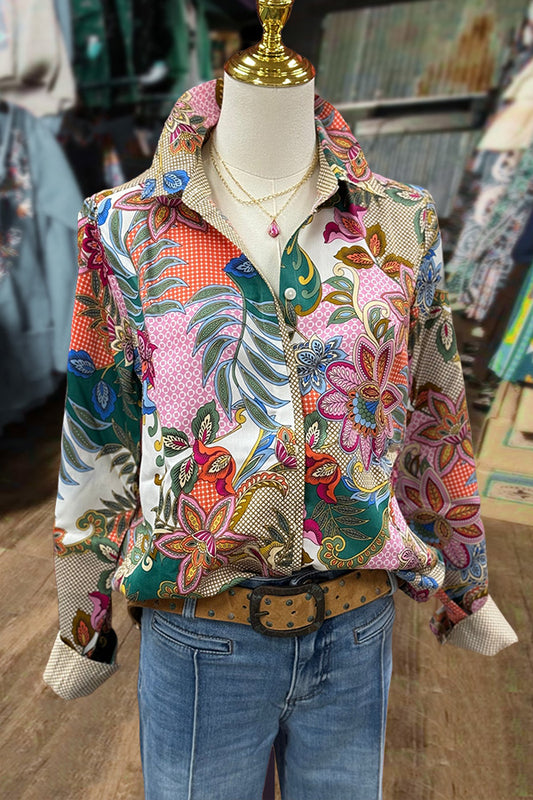 Multi Floral Print Collared Long Sleeve Blouse