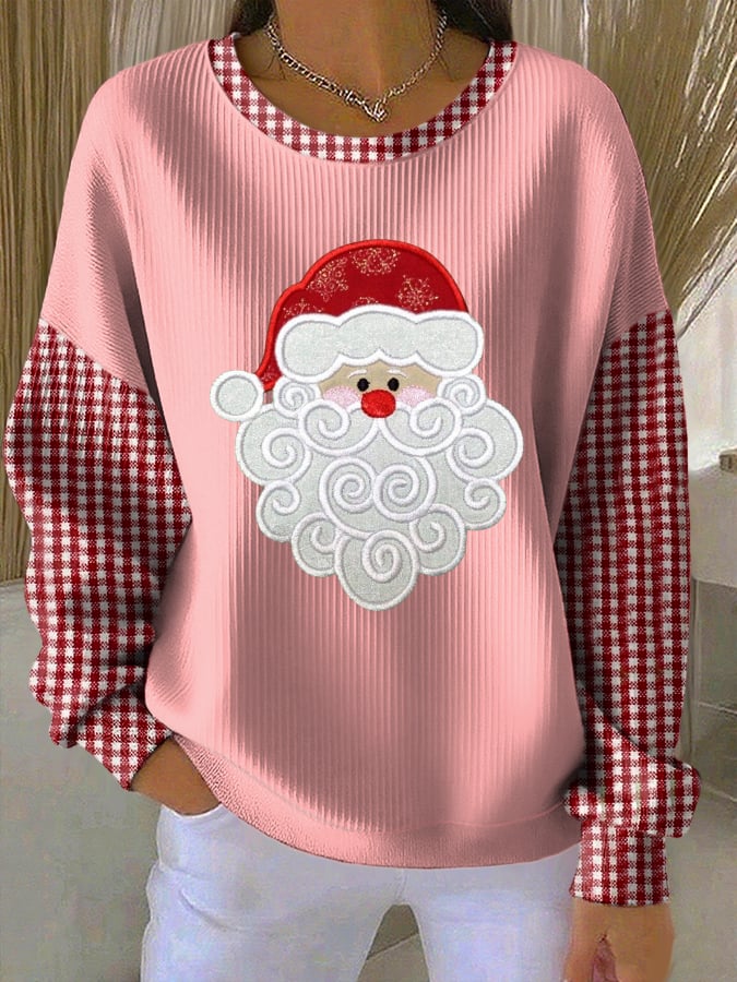 Women's Santa Claus Print Knitted Crew Neck Long Sleeve Top
