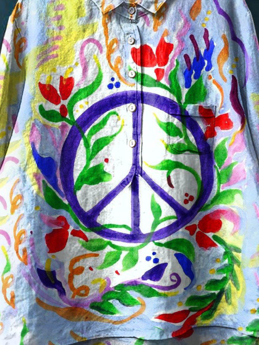 Peace And Love Art Pattern Print Casual Cotton And Linen Shirt