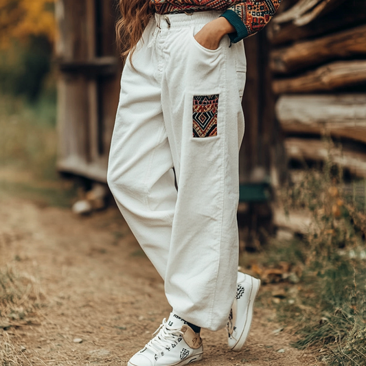 Women's Loose Corduroy Casual Trousers, Simple Ethnic Style Comfortable Elastic Waist Small Leg Trousers