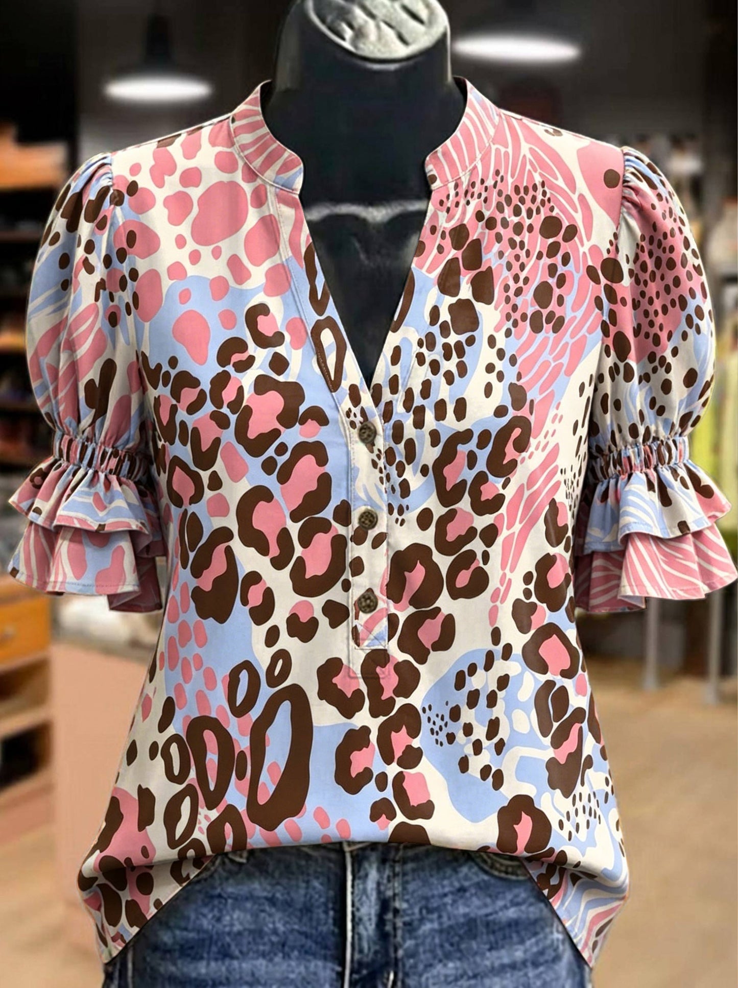 Women's Leopard Print Puff Sleeve Casual Shirt