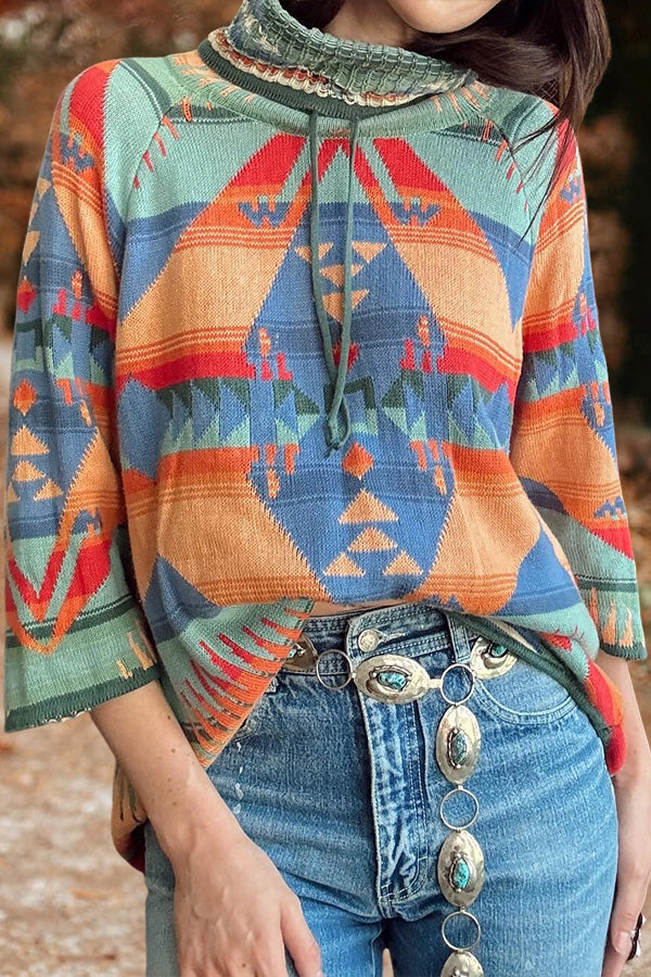 Turtleneck Drawstring Aztec Print Top