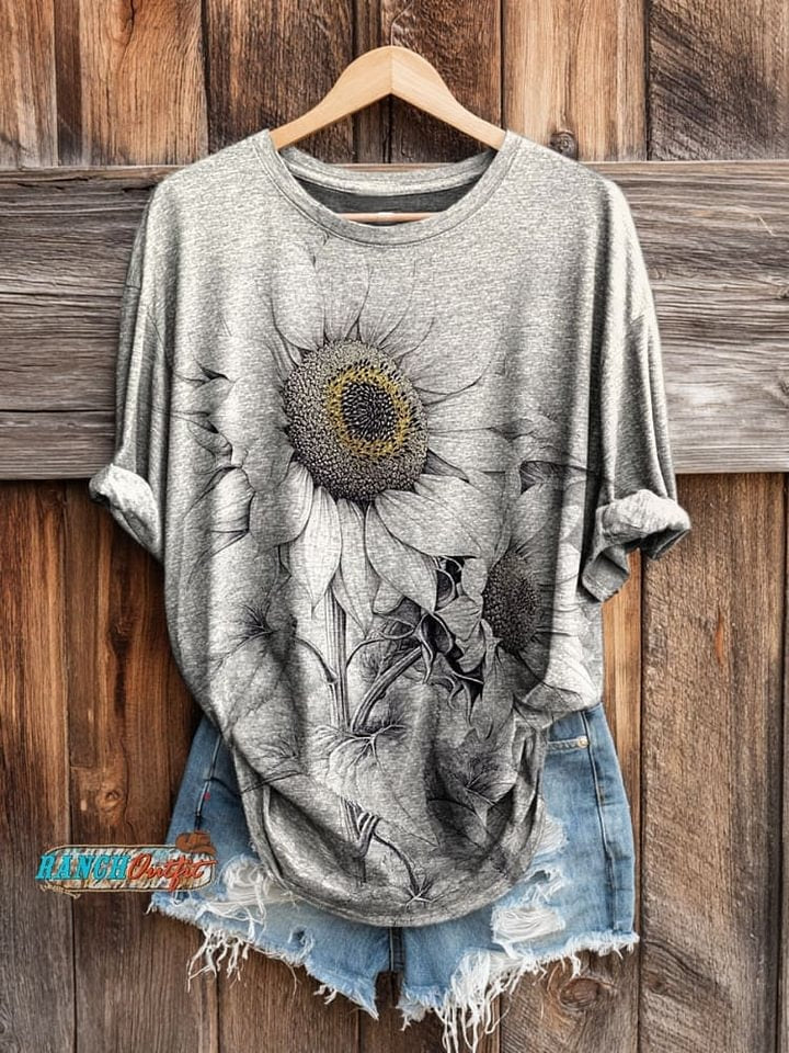 Women's Retro Texture Sunflower Print Casual V-neck T-shirt