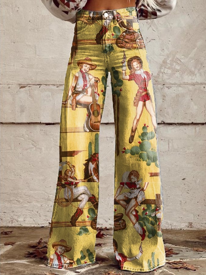 Women's Retro Western Floral Casual Wide Leg Pants