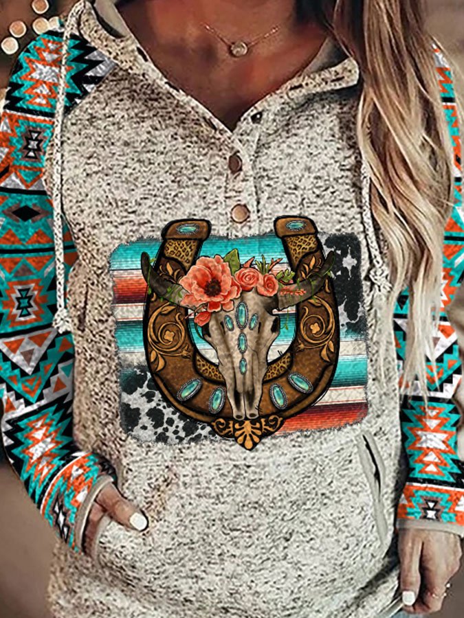 Vintage Ethnic Print Hooded Long Sleeve Sweatshirt